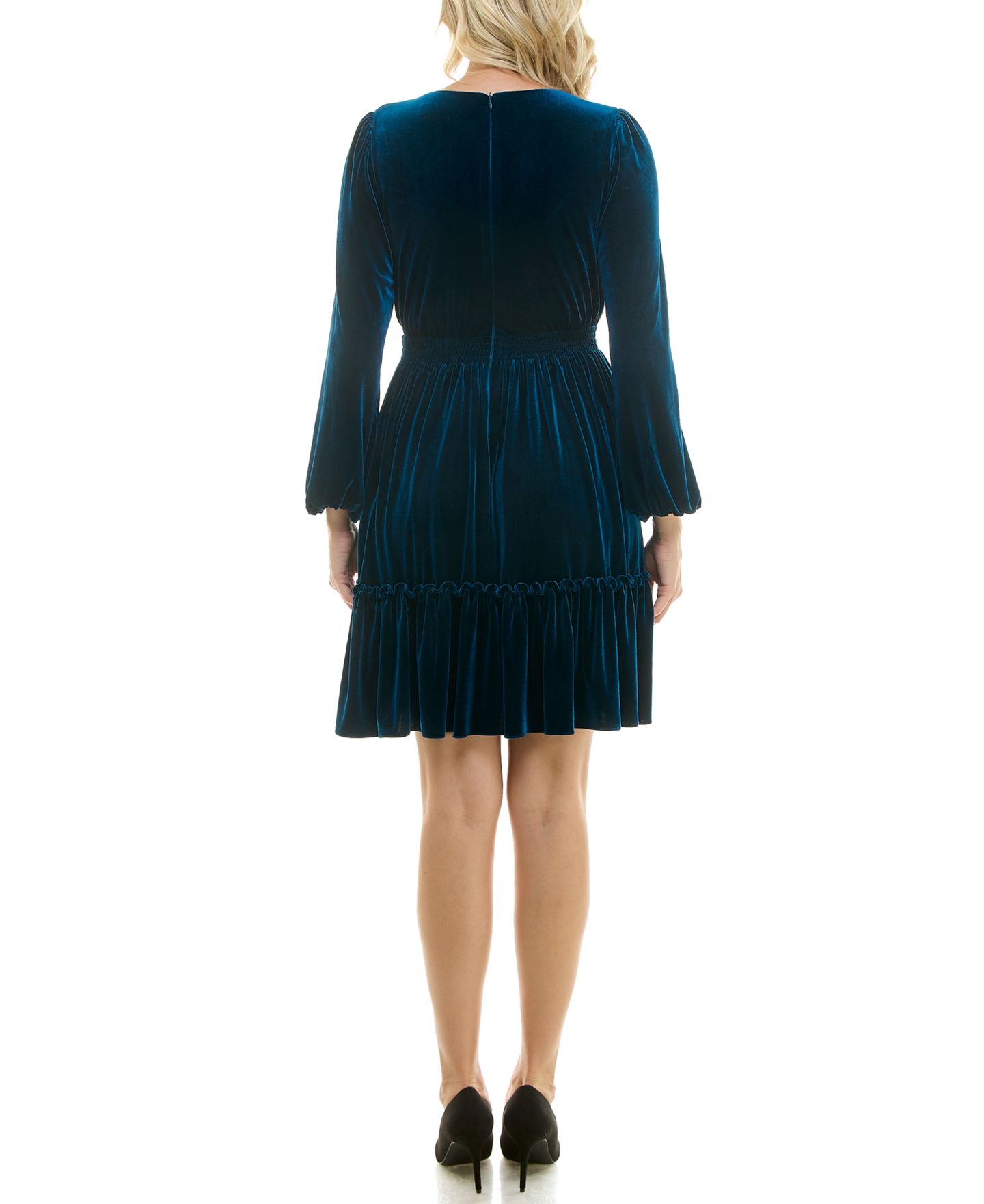 Женское платье Taylor Petite V-Neck Smocked-Waist Long-Sleeve Velvet, цвет: Синий — фото 4