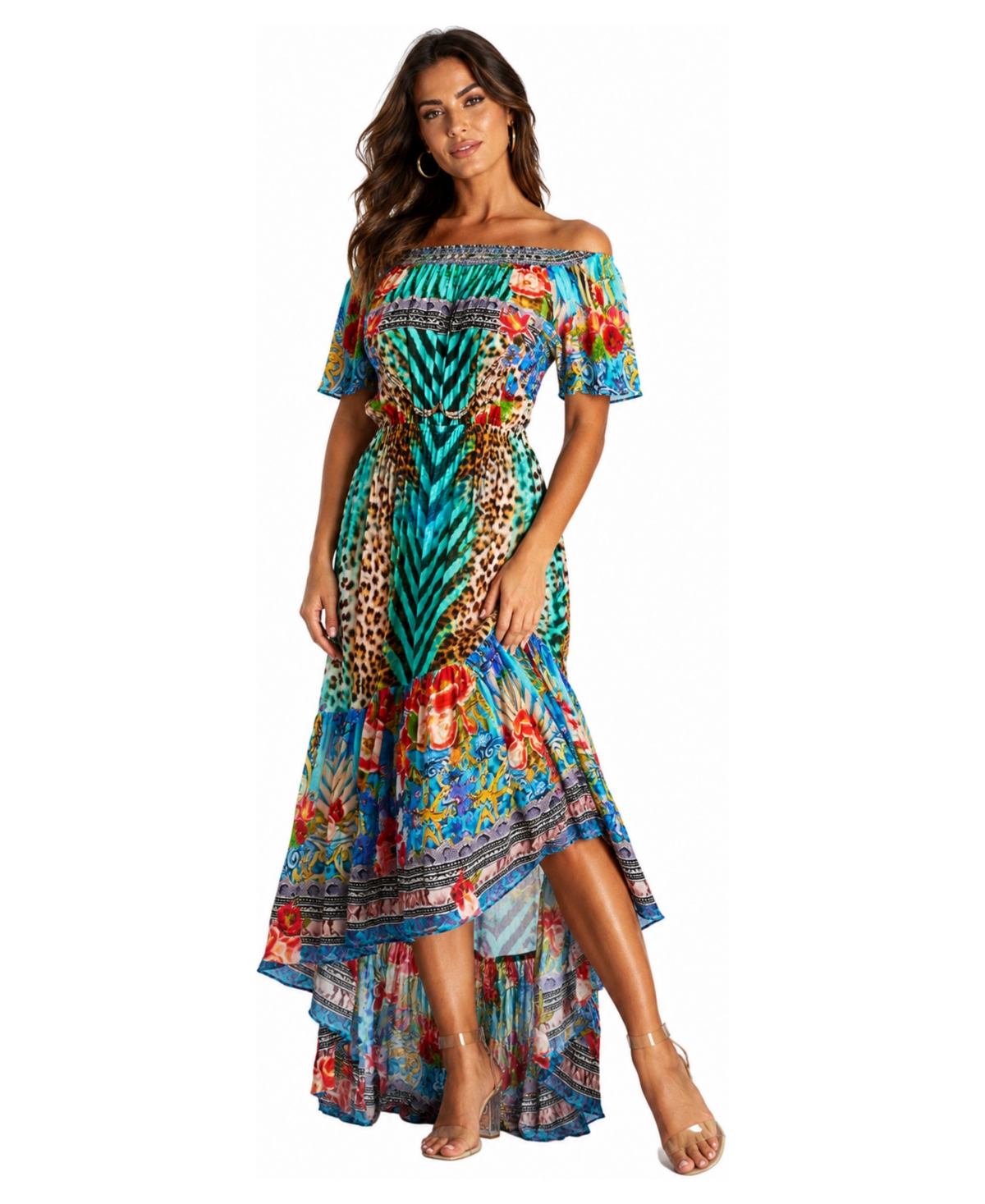 La Moda Clothing Women's Off-the-Shoulder Tiered High-Low Maxi Dress