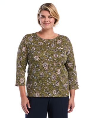 Plus Size Floral-Print 3/4-Sleeve Cotton Blouse