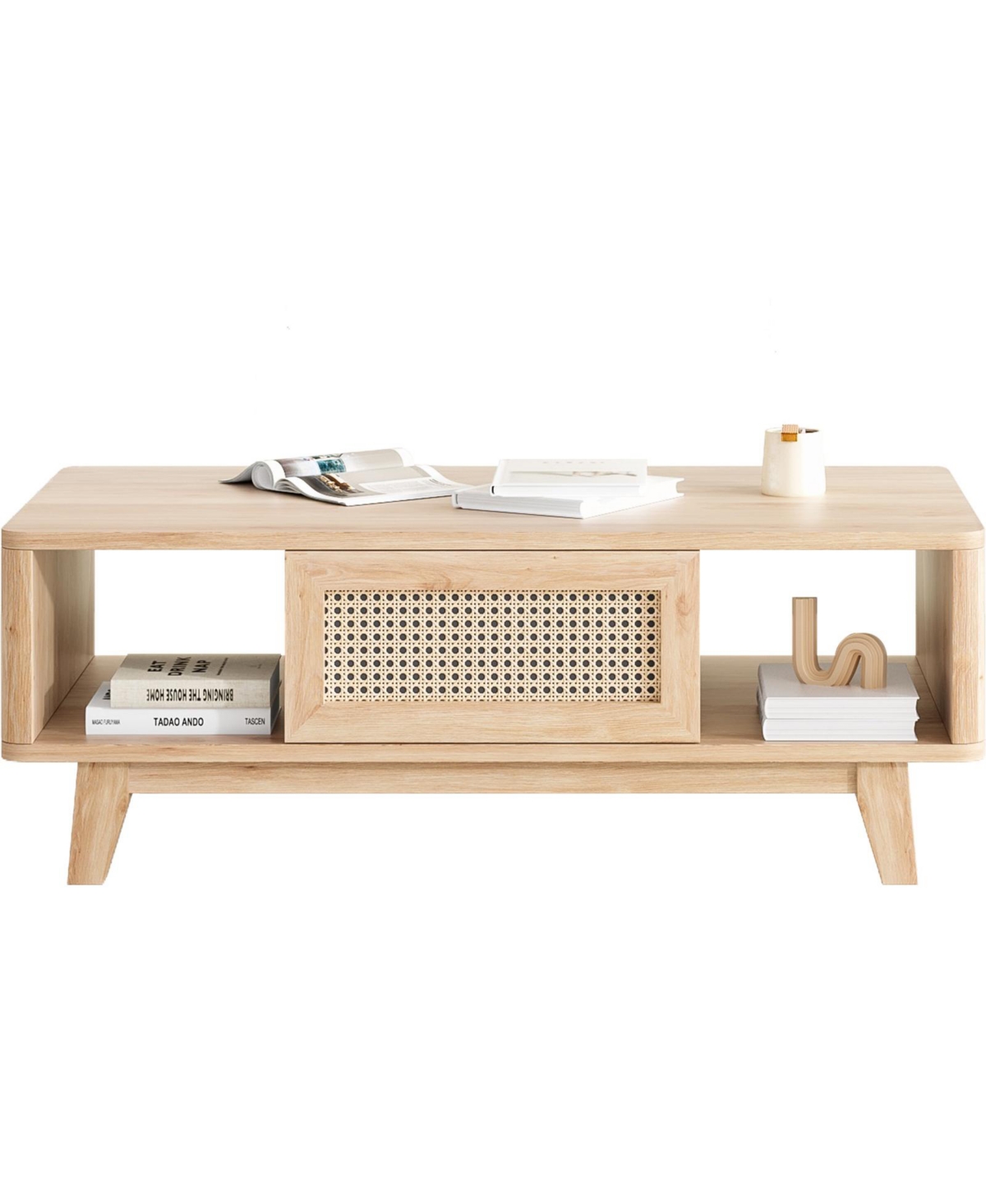 flynama Mid-Century Square Coffee Table with Rattan Drawer and Solid Wood Legs