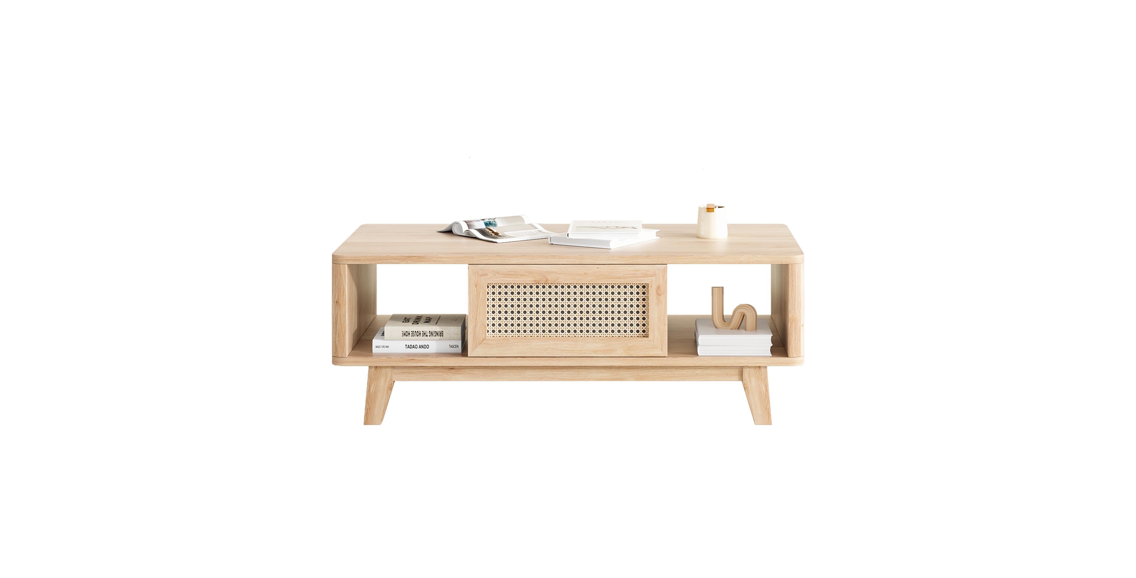 flynama Mid-Century Square Coffee Table with Rattan Drawer and Solid Wood Legs