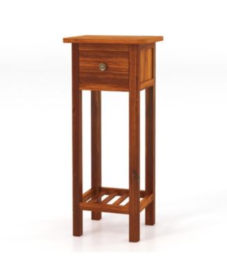 Slim 2-Tier Acacia Wood Nightstand Bedside Table with Drawer and Shelf