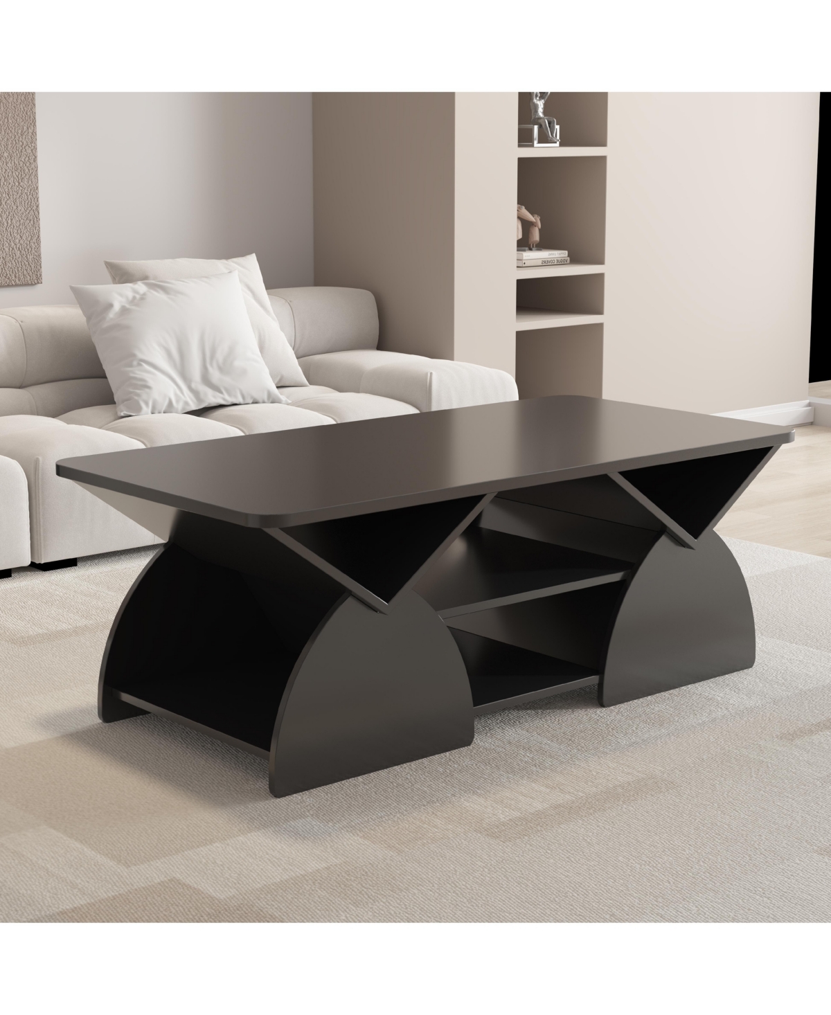 flynama Modern Rectangular Coffee Table with Storage Shelves Engineered Wood