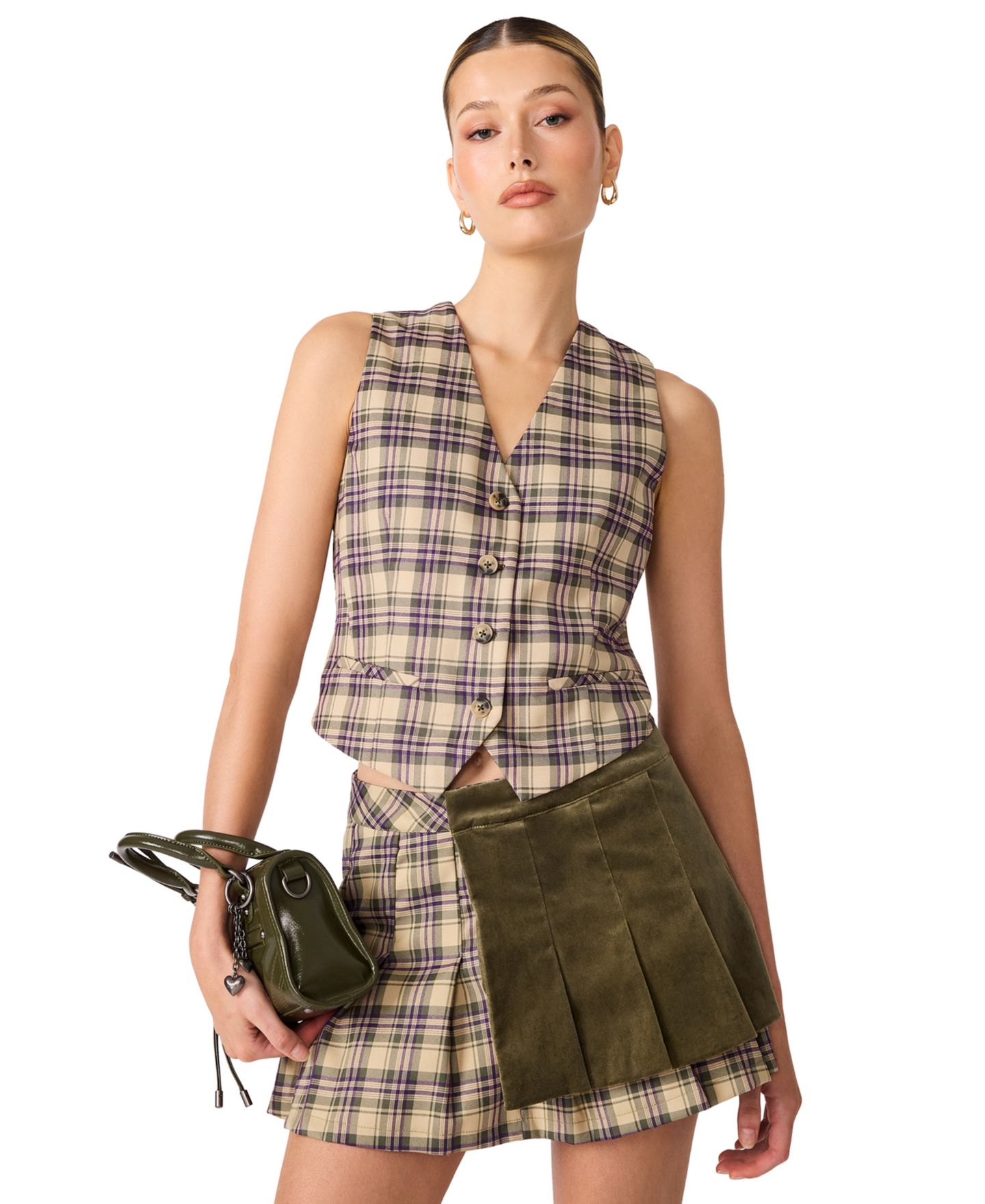 Женский жилет Steve Madden Barret Vest V-Neck Button-Up Vest, цвет: Жёлтый клетчатый — фото 2