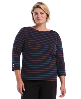 Plus Size Striped Boat Neck 3/4-Sleeve T-Shirt