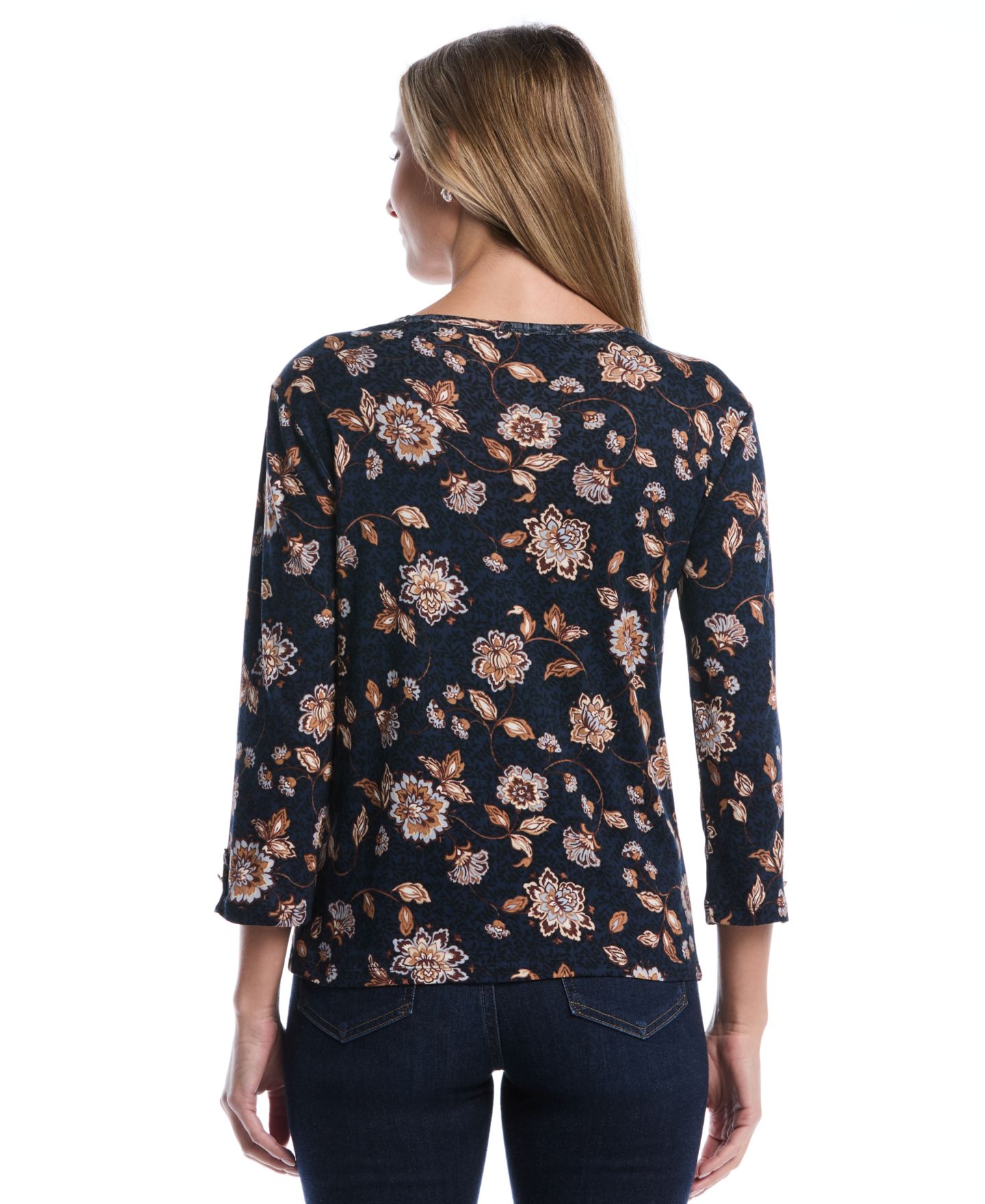 Женская футболка Rafaella Petite Floral 3/4-Sleeve Rib-Knit, цвет: Синий — фото 5