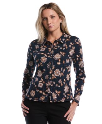 Petite Floral Ruffle-Trim Long-Sleeve Blouse