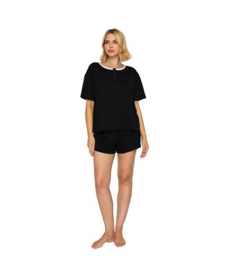 Women's Yummy Henley Short-Sleeve Ribbed-Jersey Top and Shorts Set