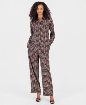 Women's Collared Button-Front Blouse & High-Rise Pull-On Wide-Leg Pants