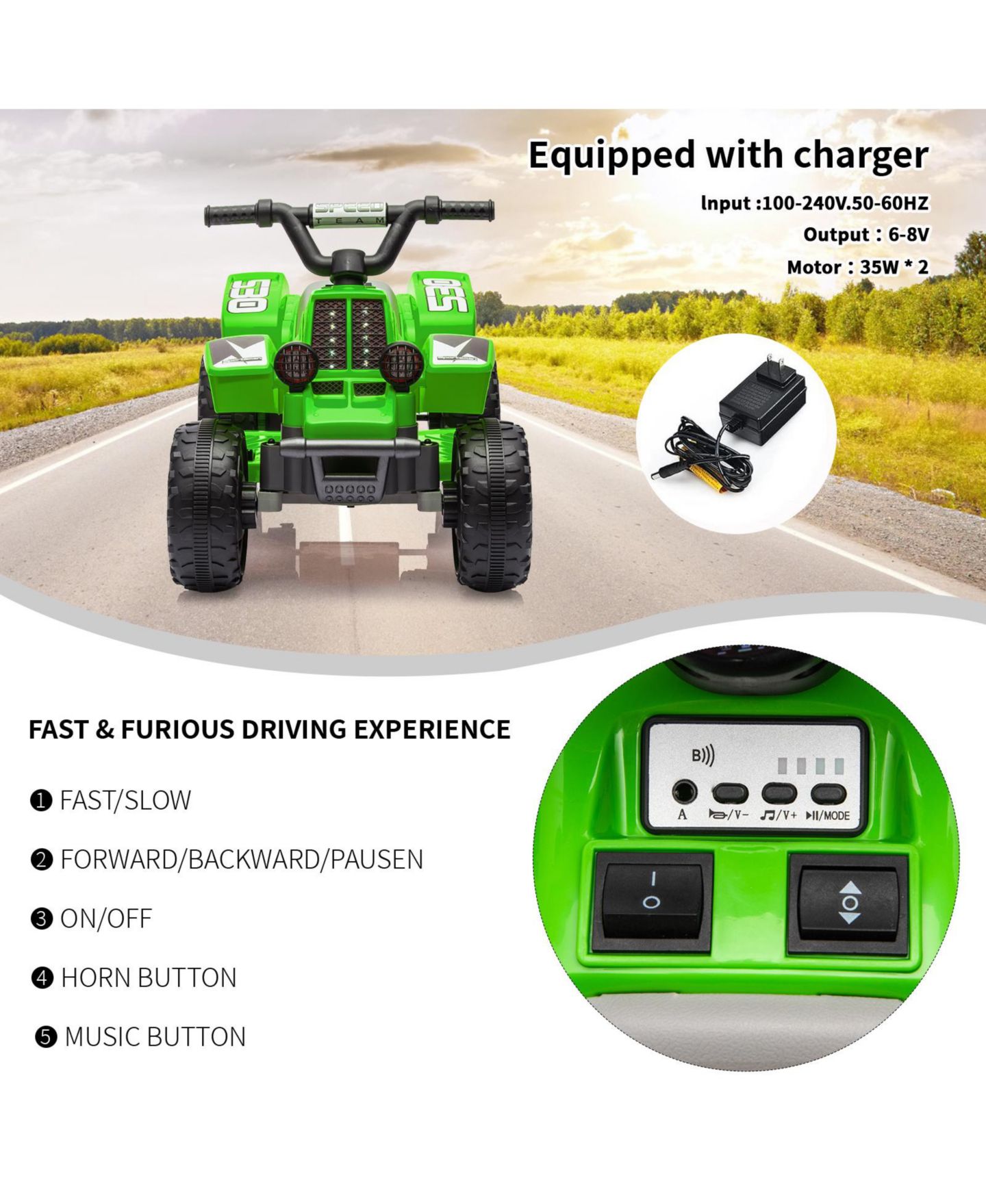 Детская игрушка homfan Electric 4-Wheeler Ride-On ATV, 6V Battery Powered, Push-Button Accelerator, Up to 55 lbs, Ages 3+, цвет: Зелёный — фото 7