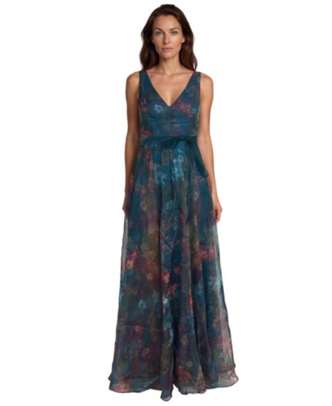 Женское платье Rene Ruiz Occasion V-Neck Floral-Print A-Line Gown, цвет: Зелёный разноцветный
