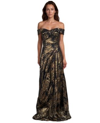 Women's Off-the-Shoulder Metallic Jacquard Draped Gown