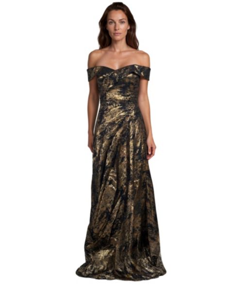 Женское платье Rene Ruiz Occasion Off-the-Shoulder Metallic Jacquard Draped Gown, цвет: Чёрный золотой