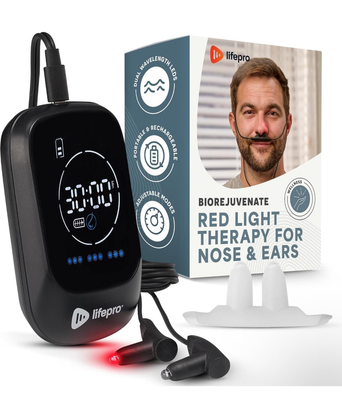 LifePro Red Light Therapy for Nose & Ears - Rechargeable Nasal & Sinus Pain Relief with Near Infrared & Red Light - Black