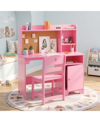kids Desk and Chair Set with Hutch, Wooden Writing Table with Storage Cabinet for Kids Bedroom, Study Room, Computer Workstation