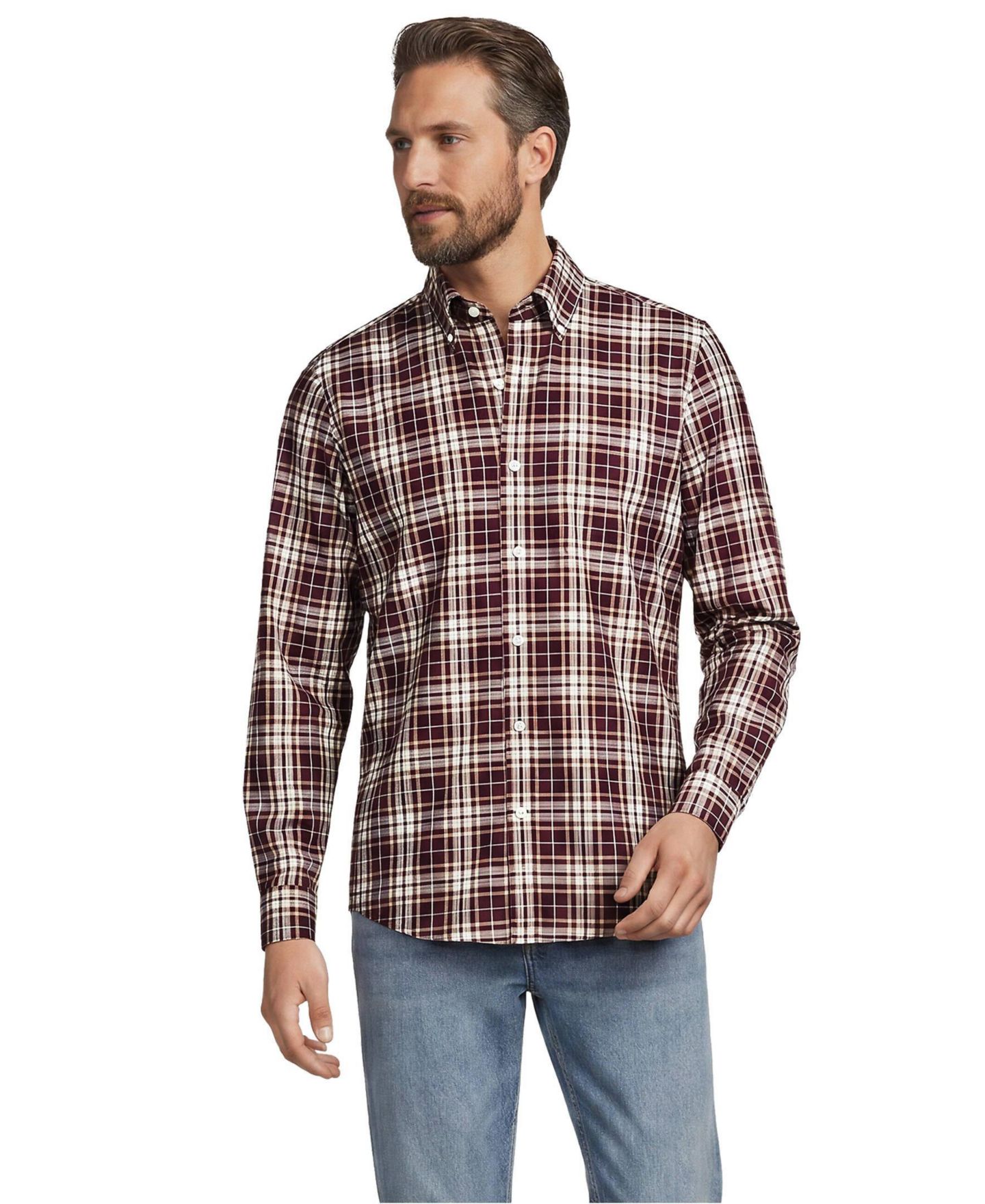 Мужская рубашка Lands' End Tailored Fit No Iron Twill Long Sleeve, цвет: Бордовый / Рыжевато-коричневый клетчатый — фото 3