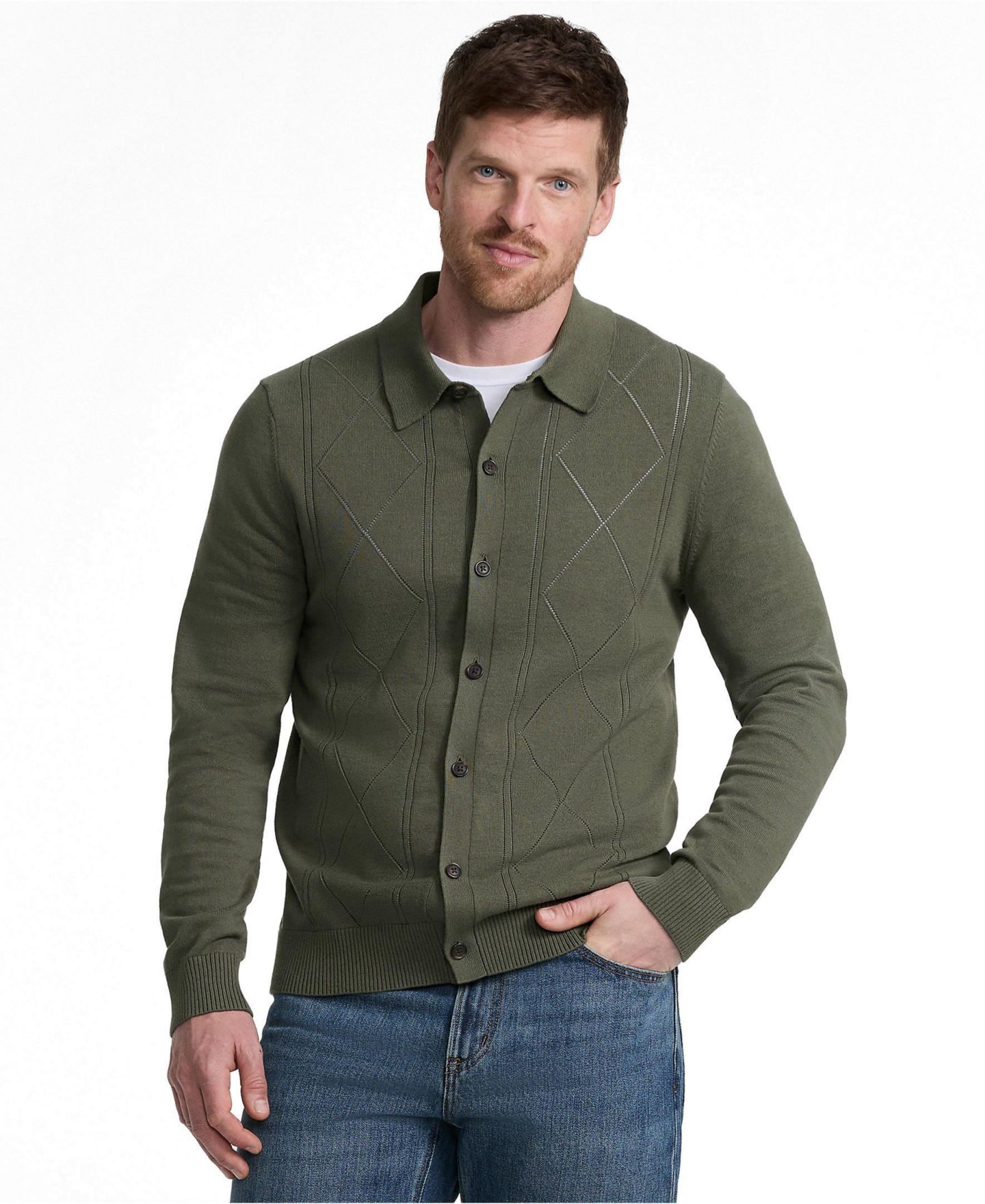 Мужской кардиган Lands' End Long Sleeve Fine Gauge Cotton Pointelle Argyle, цвет: Тёмно-зелёный мох — фото 3