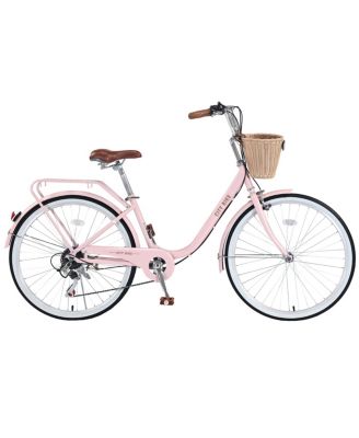 7 Speed City Bike With Basket , Steel Frame, Multiple Colors 26 Inch Girls Bicycle