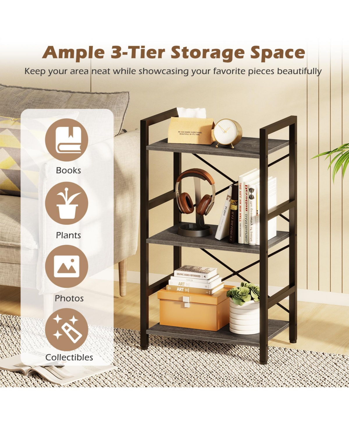 Costway 3-Tier Industrial Bookshelf, 16.5" Width Wooden Open Bookcase with Metal Frame