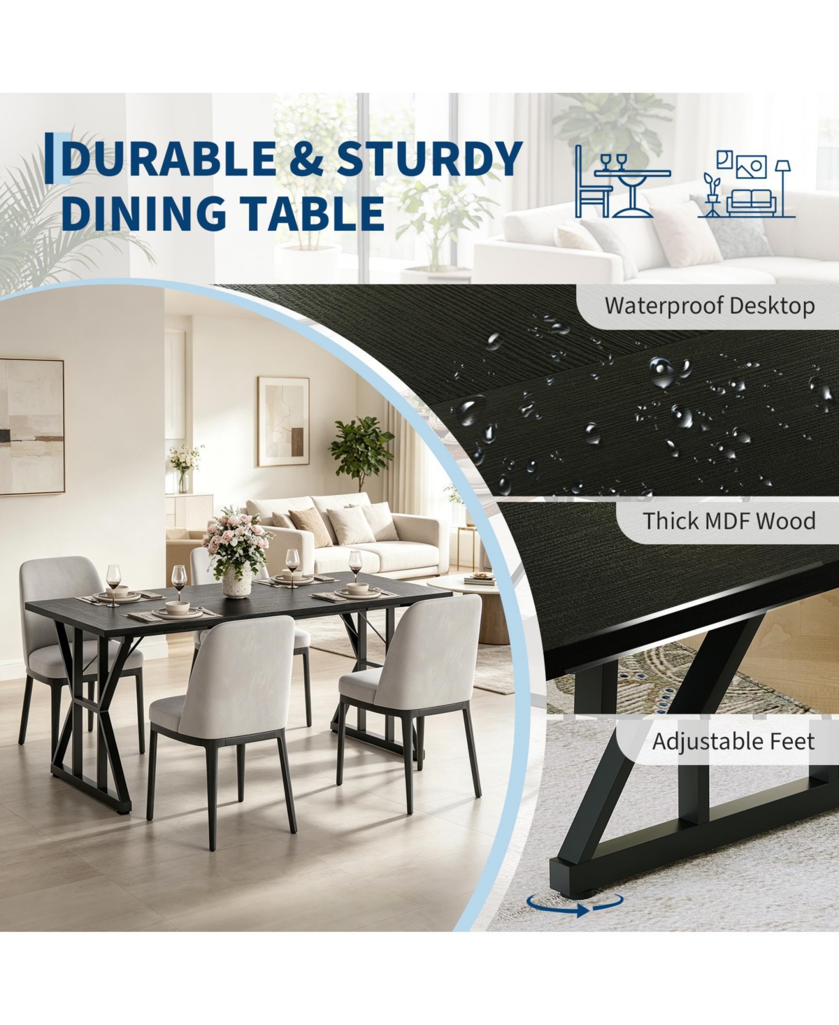 gaomon 71-in Modern Industrial Dining Table for 4-6 People Rectangular Kitchen Table with Waterproof Wood Top and Robust Metal Frame for Home Office