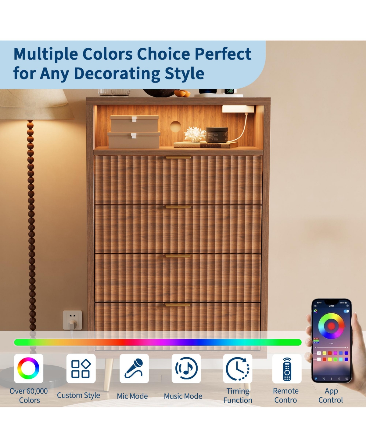gaomon 4-Drawer Bedroom Dresser with Led Lights and Charging Station, Fluted Wood Chest of Drawers with Gold Handles and Open Shelf, Modern Tv Stand