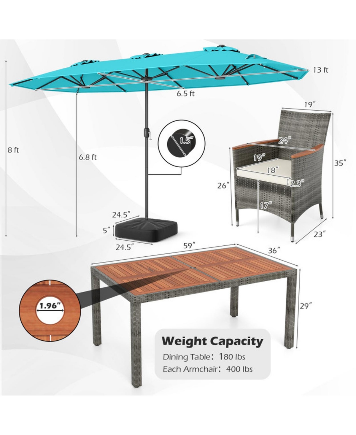 Gouun 8-Piece Outdoor Wicker Dining Set with 13.5 Ft Double-Sided Patio Umbrella