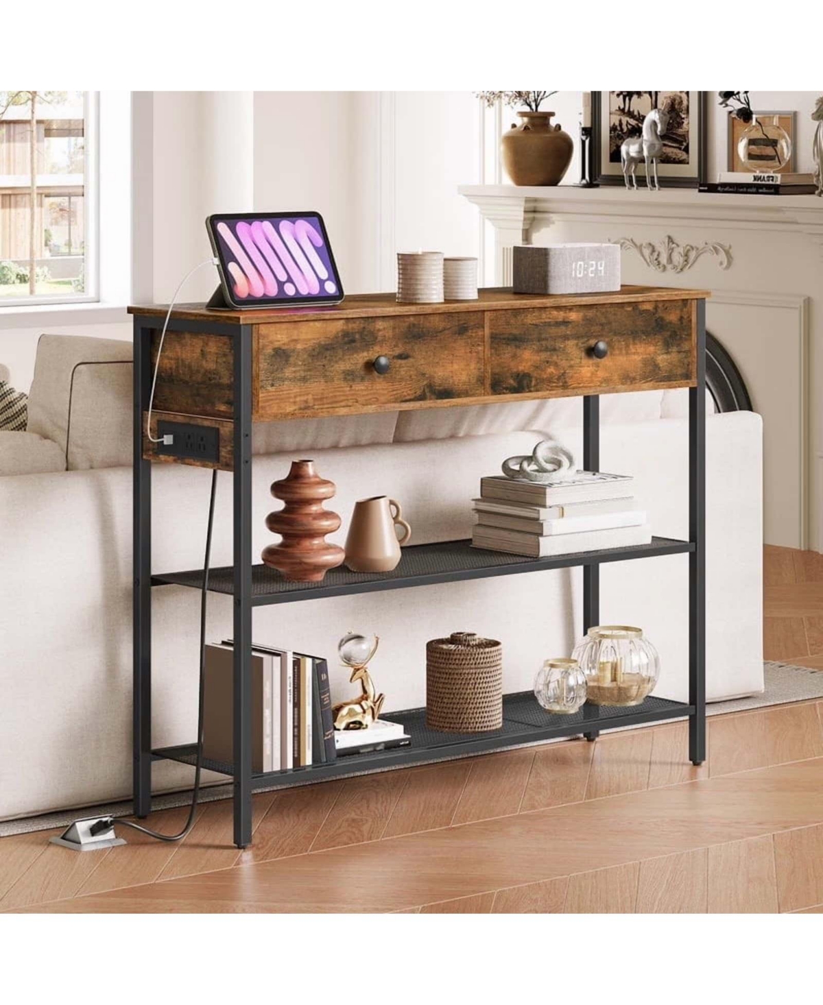 Slickblue Modern 3-Tier Slim Console Table with Drawers and Charging Port