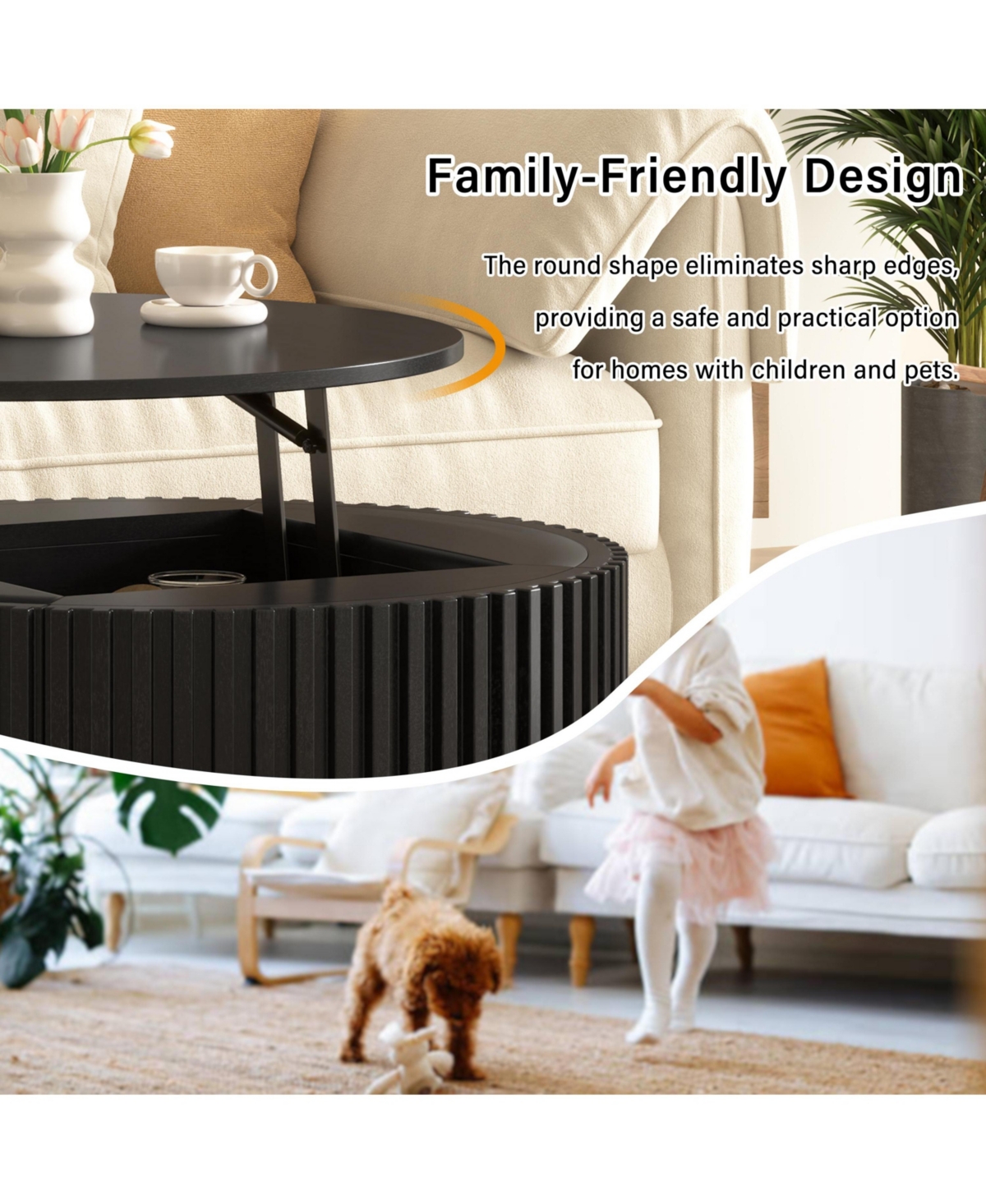 Flynama Round Lift Top Coffee Table, Fluted Wood Accent Table with Hidden Storage and Drawer, Solid Wood and Mdf