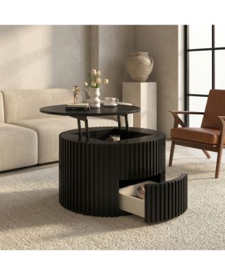 Round Lift Top Coffee Table, Fluted Wood Accent Table with Hidden Storage and Drawer, Solid Wood and MDF