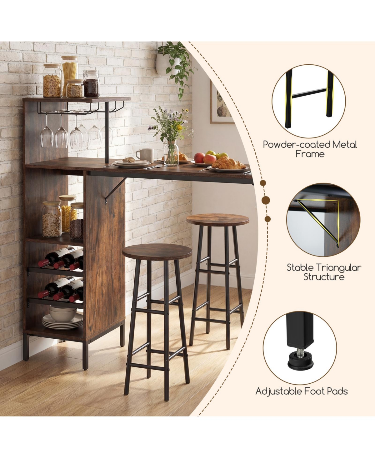 Costway 3 Piece Bar Table and Chairs Set Industrial Pub Stools with Bottle Wine Rack