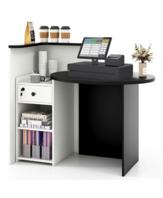 Front Reception Counter Desk Checkout Office Desk with Open Shelf and Lockable Drawer