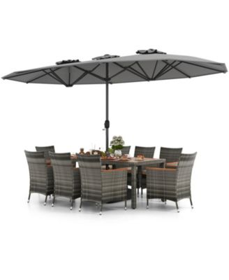 10-Piece Patio Wicker Dining Set with 15 Ft Double-Sided Umbrella for 8 Guests