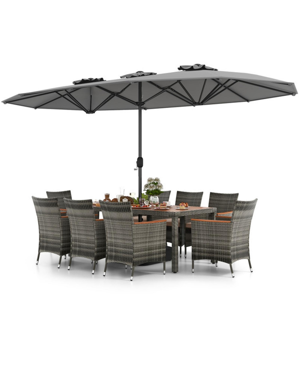 Gouun 10-Piece Patio Wicker Dining Set with 15 Ft Double-Sided Umbrella for 8 Guests - Gray