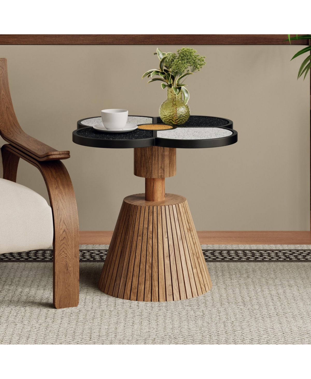 Flynama Four-Leaf Clover Decorative Side Table, Stone Texture Top Wood-Grain Base Accent Table