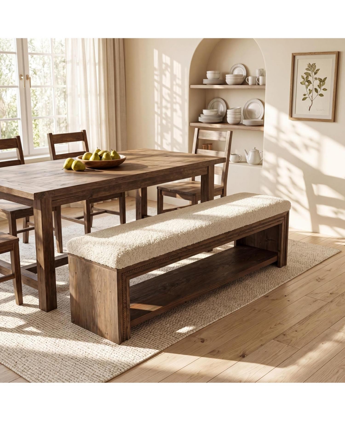 Tribesigns 55 Wood Dining Bench Farmhouse kitchen bench with storage shelf and cushion for 2 Solid wood backless long seating for dining table