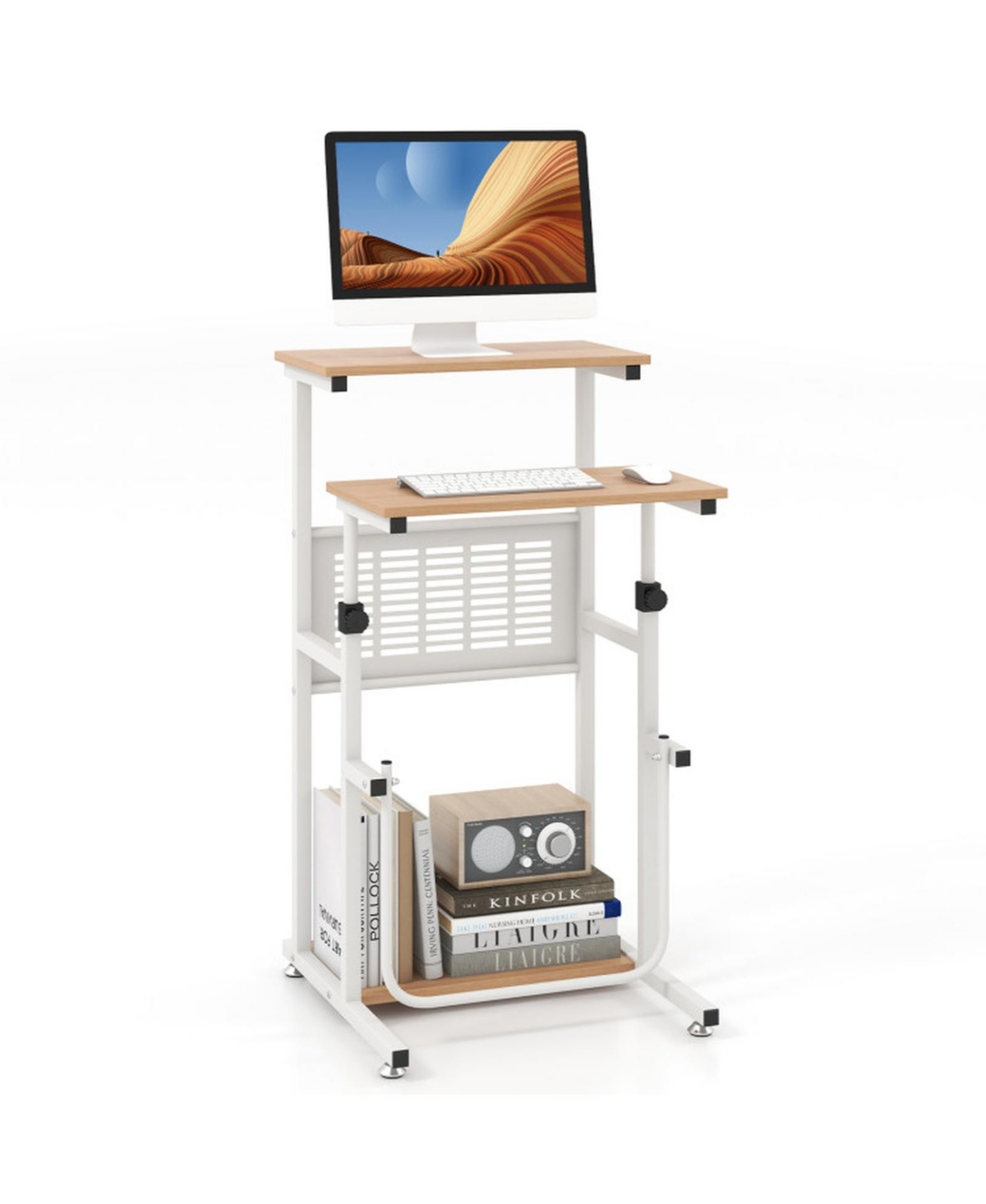 Gouun Compact Sit Stand Desk with Height Adjustable Top and Footrest for Small Spaces - Oak