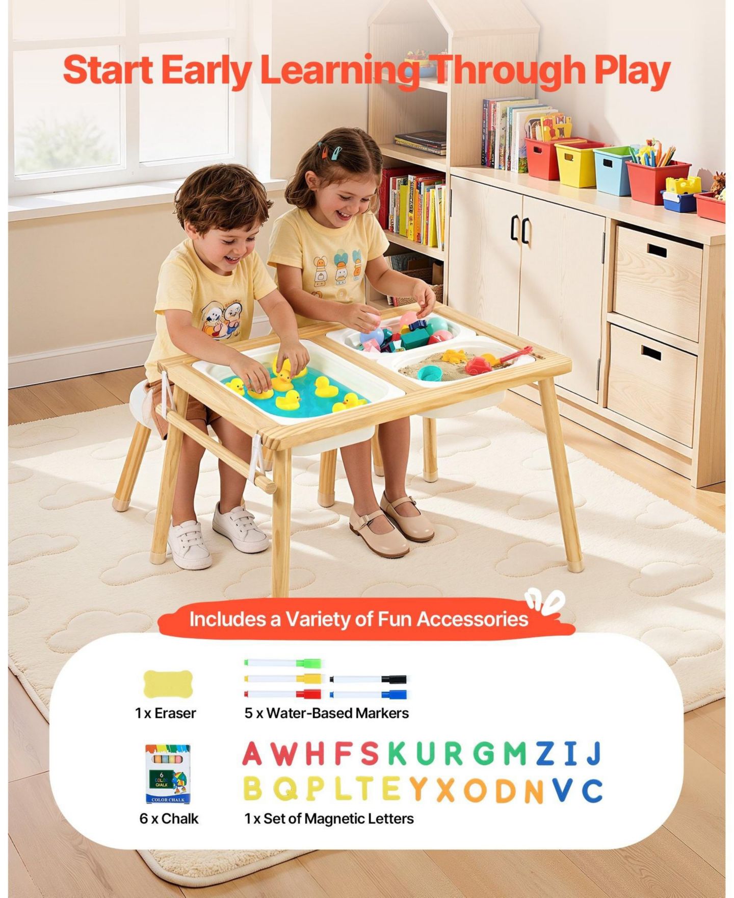 Детская игрушка SUGIFT Wooden Kids Double-Sided Sensory Activity Table with 2 Stools, Non-Slip Feet, Ages 3+, цвет: Натуральный — фото 7
