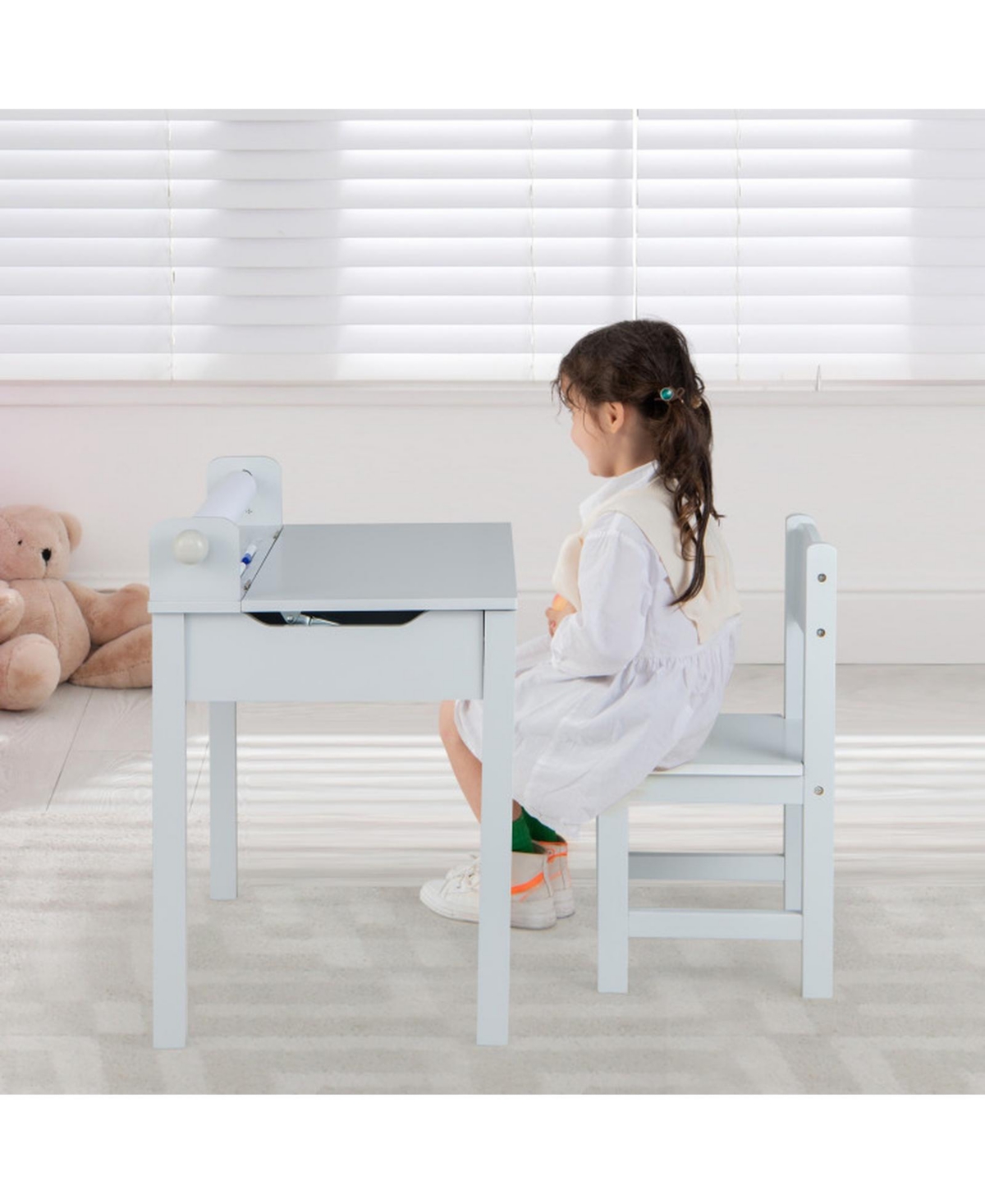 Gouun Wooden Kids Activity Table and Chair Set with Paper Roll Holder and Storage