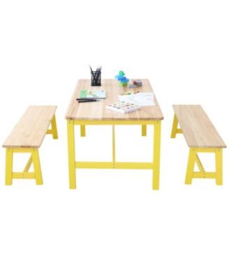 Kids Activity Table with 2 Benches, Wooden Study and Craft Table for Toddlers and Children