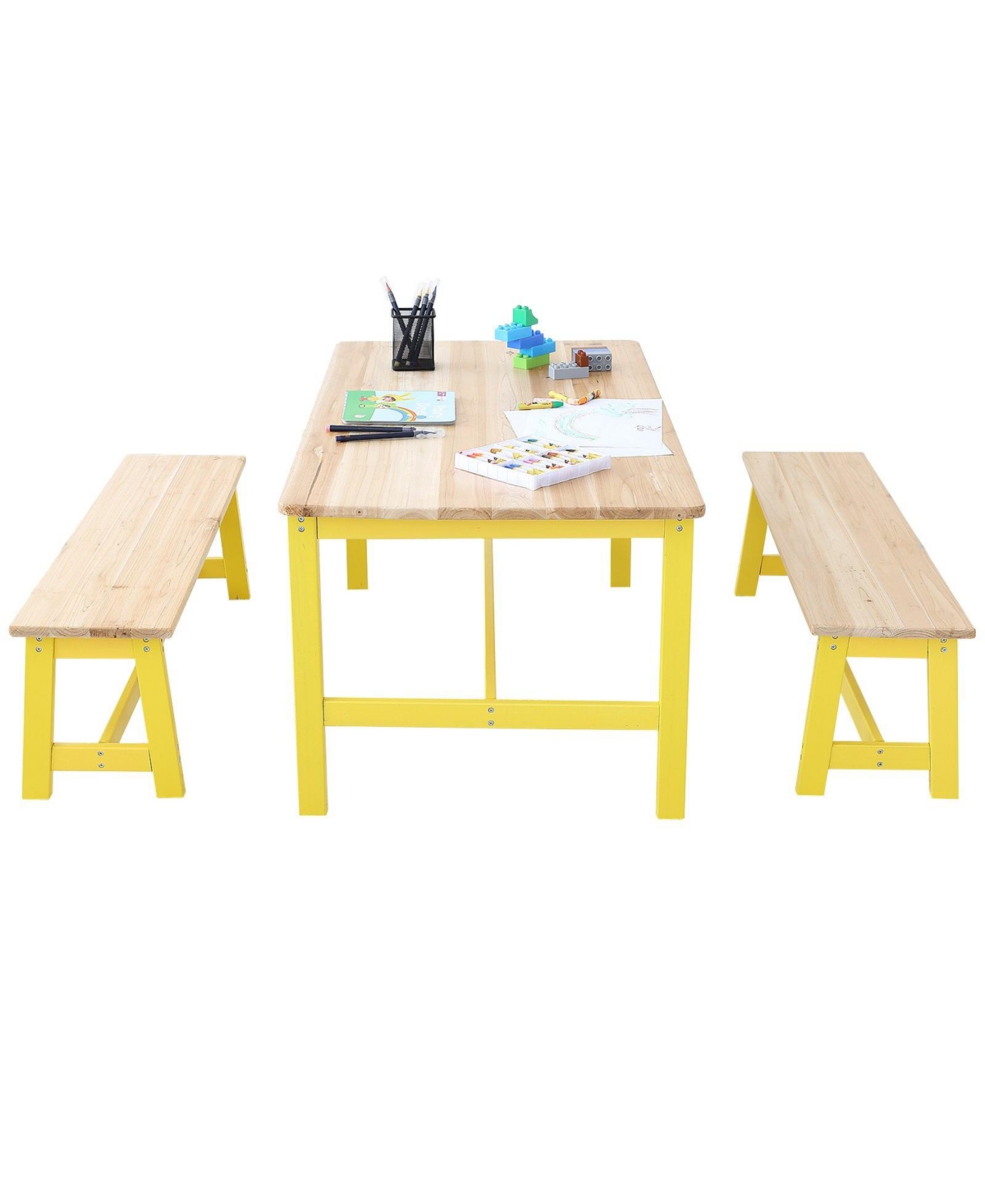 Slickblue Kids Activity Table with 2 Benches, Wooden Study and Craft Table for Toddlers and Children - Light Brown