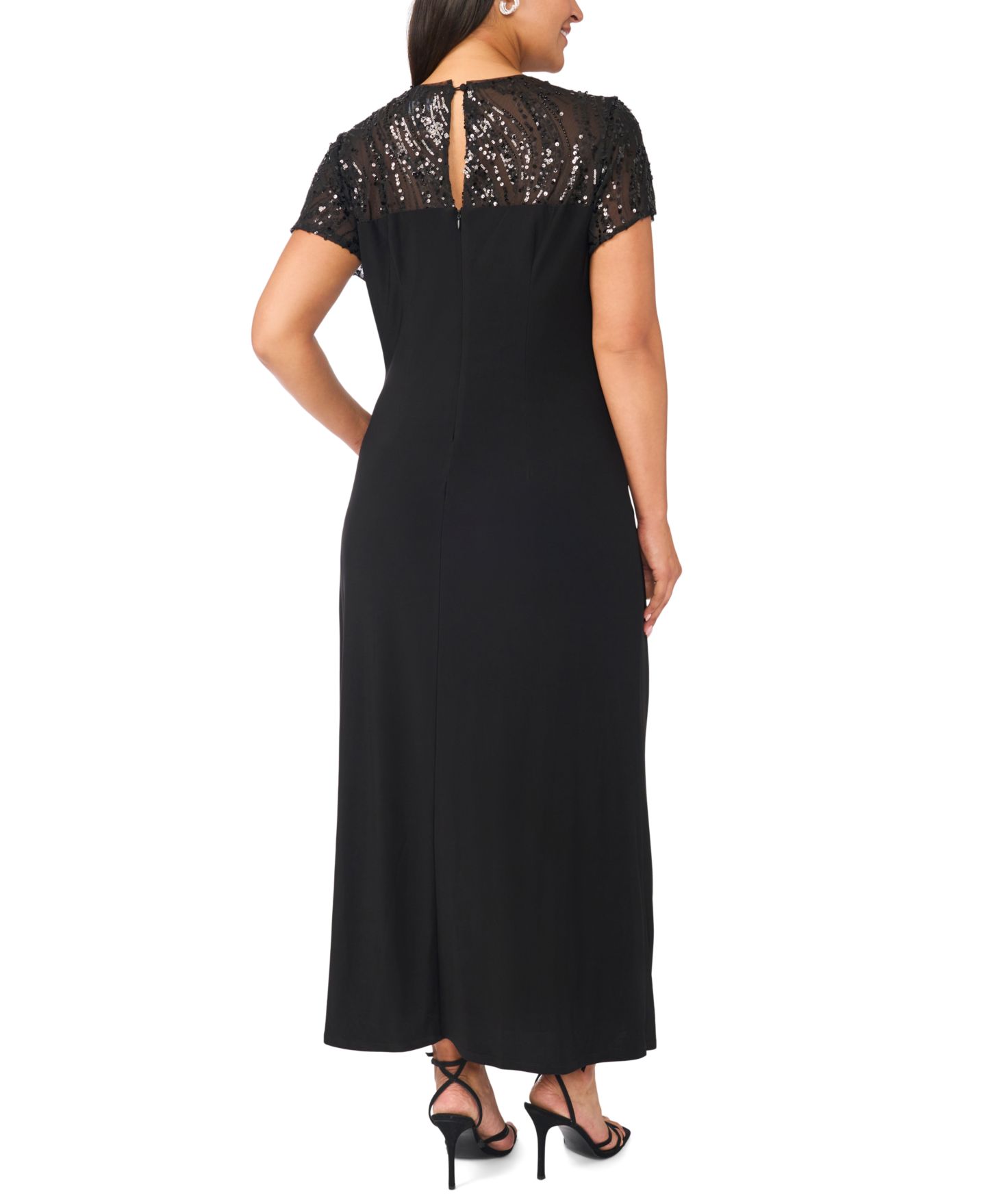 Женские платья MSK Plus Size Beaded Mesh Side Ruched Short-Sleeve Gown, цвет: Насыщенный чёрный — фото 5
