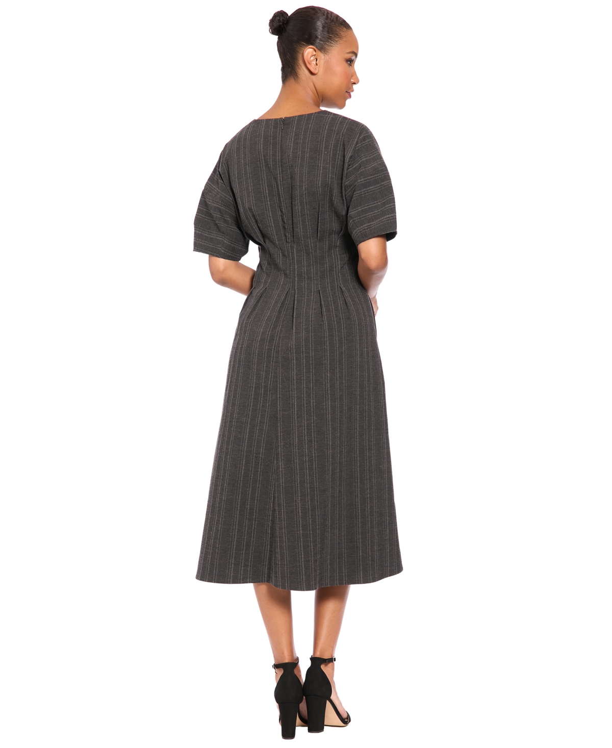 Luxely Women's 3/4 Puff-Sleeve V-Neck Striped Fit-and-Flare Midi Dress