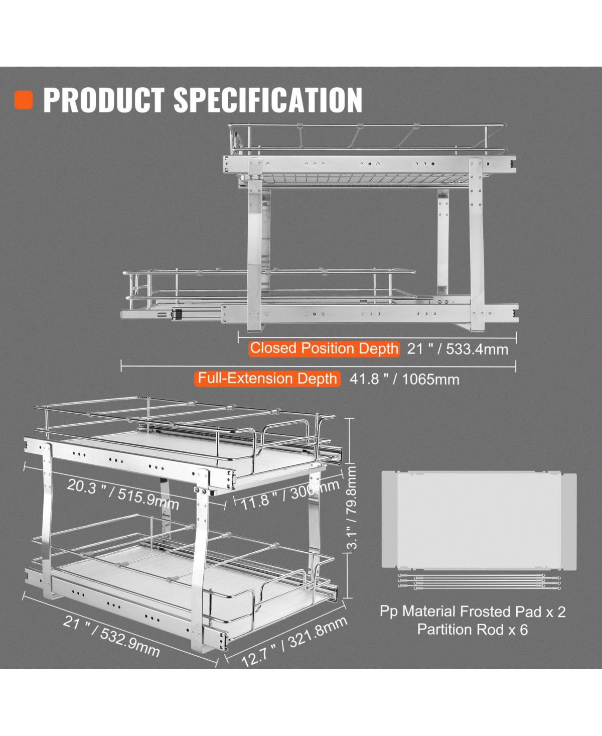 Sugift 2-Tier Pull Out Cabinet Organizer Steel Slide Out Pantry Shelves 15.5inWx22.5inDx19inH