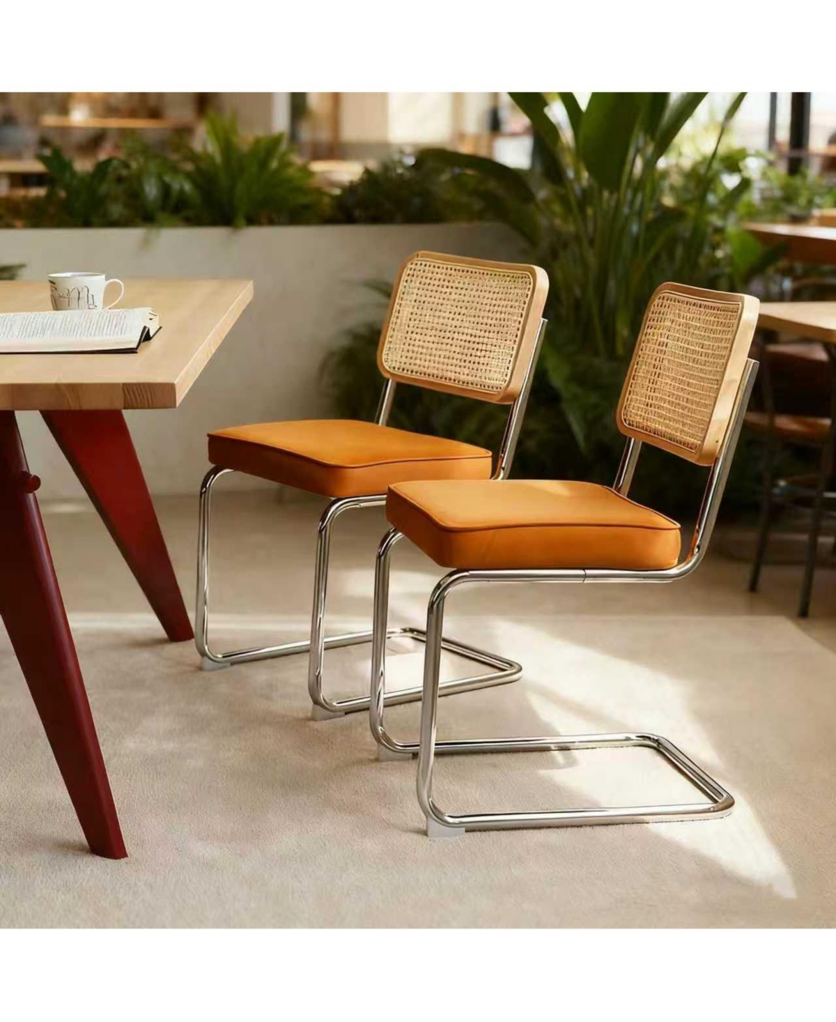 Flynama Set of 2 Velvet Rattan Cantilever, Tubular Steel Breuer Stackable Side Dining Chairs