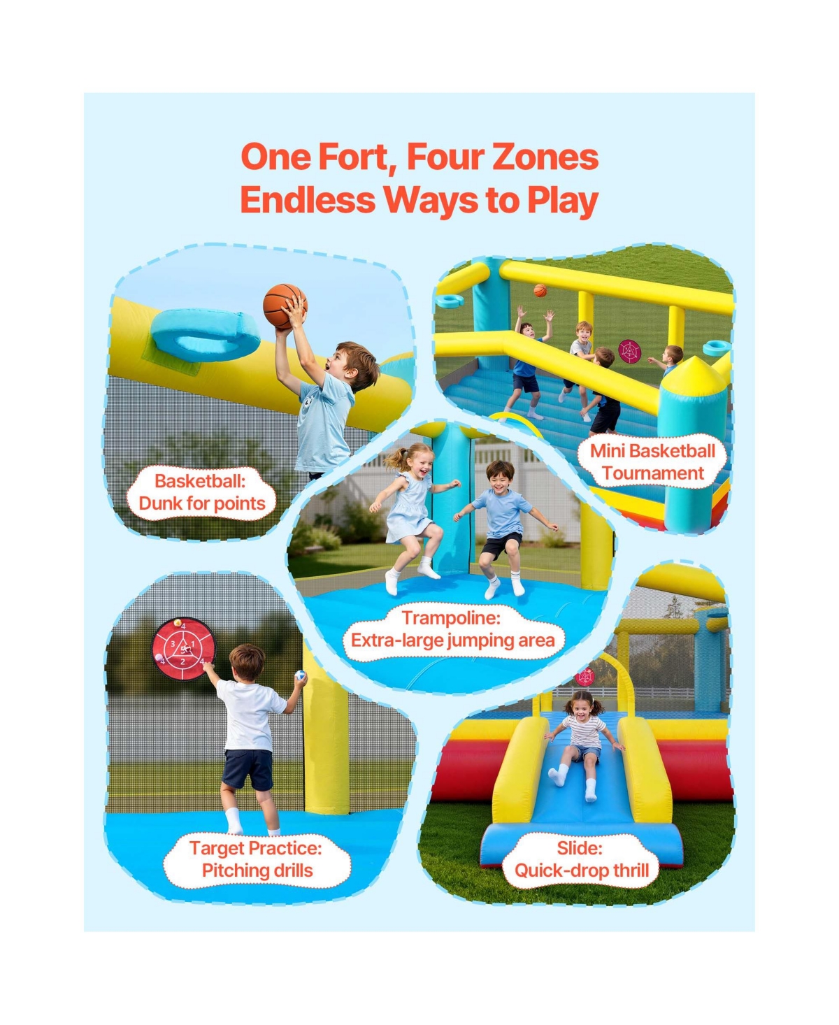 Sugift Inflatable Bounce House, 14.7 x 13.8 x 6.8 feet, Oxford Cloth, With Slide and Hoop Target, Ages 3-8