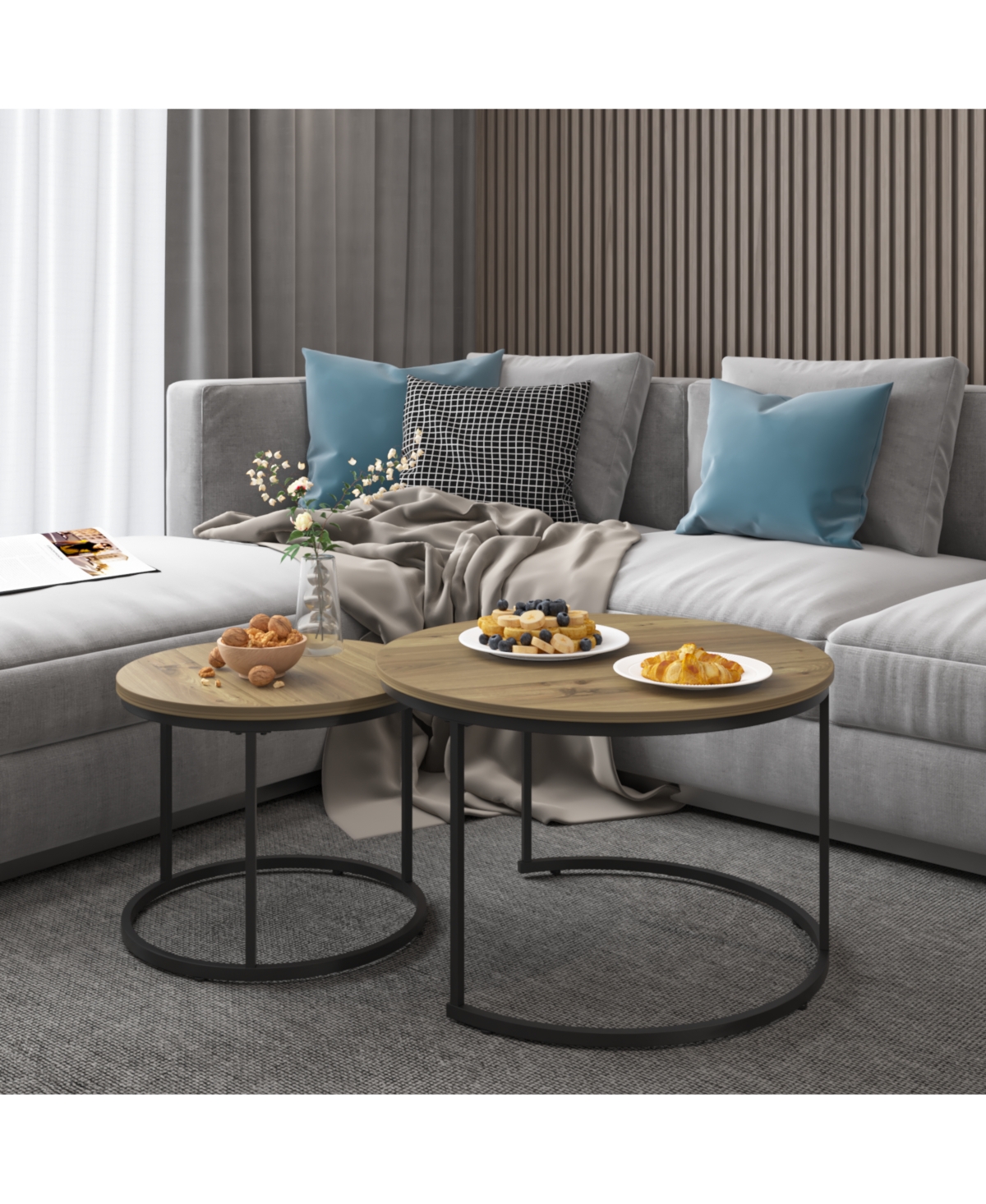 Flynama 27.6" Nesting Coffee Table Set of 2 Mdf Marble Top Metal Frame Side Tables