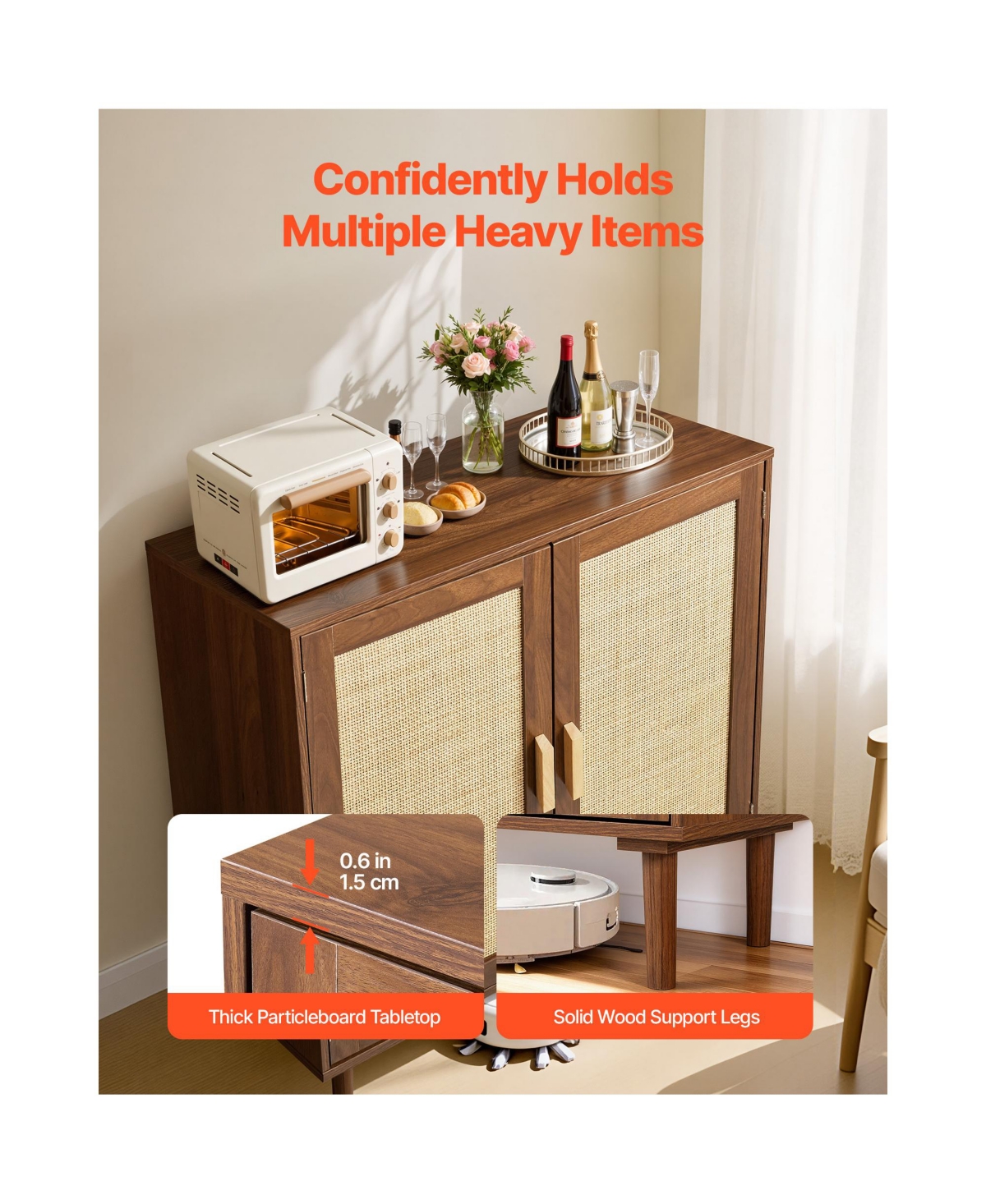 Sugift Rattan Storage Cabinet with 2 Magnetic Doors Adjustable Shelves Wooden Legs and Power Cord Hole