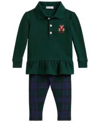 Ralph Lauren Baby Girls' Polo Bear Peplum Top and Plaid Leggings, 2-Piece Set