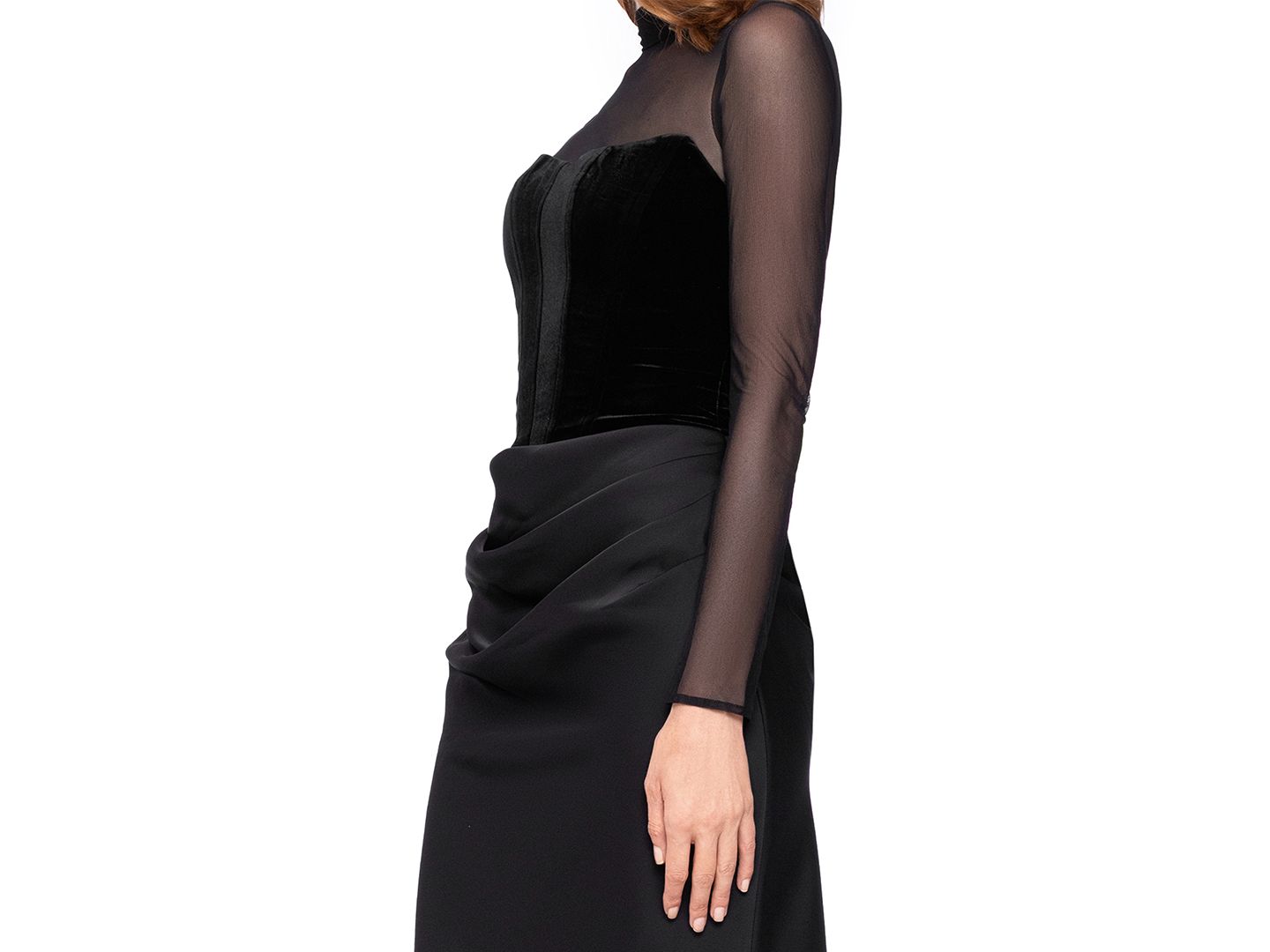 Женские платья Betsy & Adam Short Scuba Crepe With Drape Back Velvet Long-Sleeve Mesh Gown, цвет: Чёрный — фото 3
