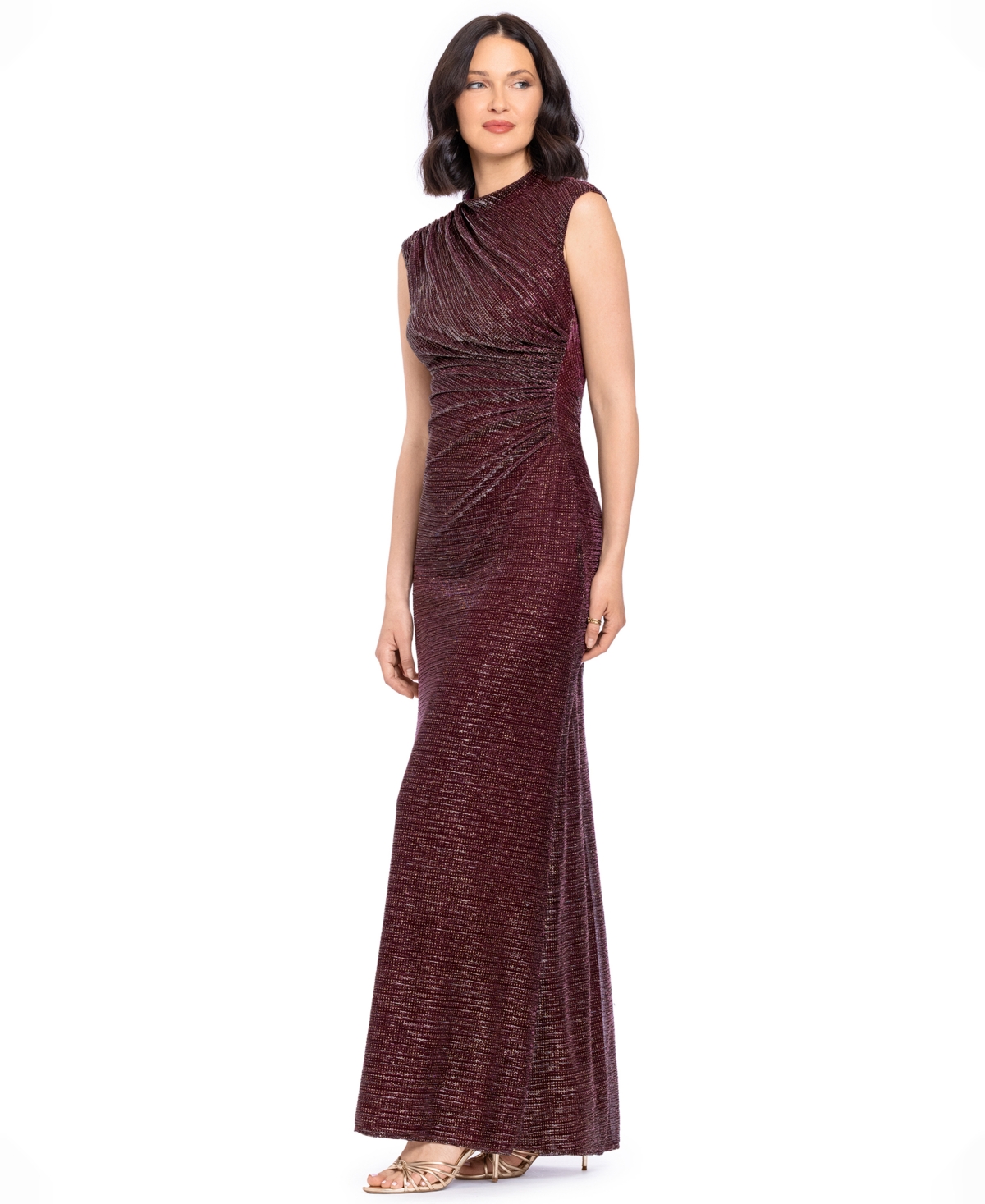Betsy & Adam Women's Cory Metallic Ruched Mock Neck Gown
